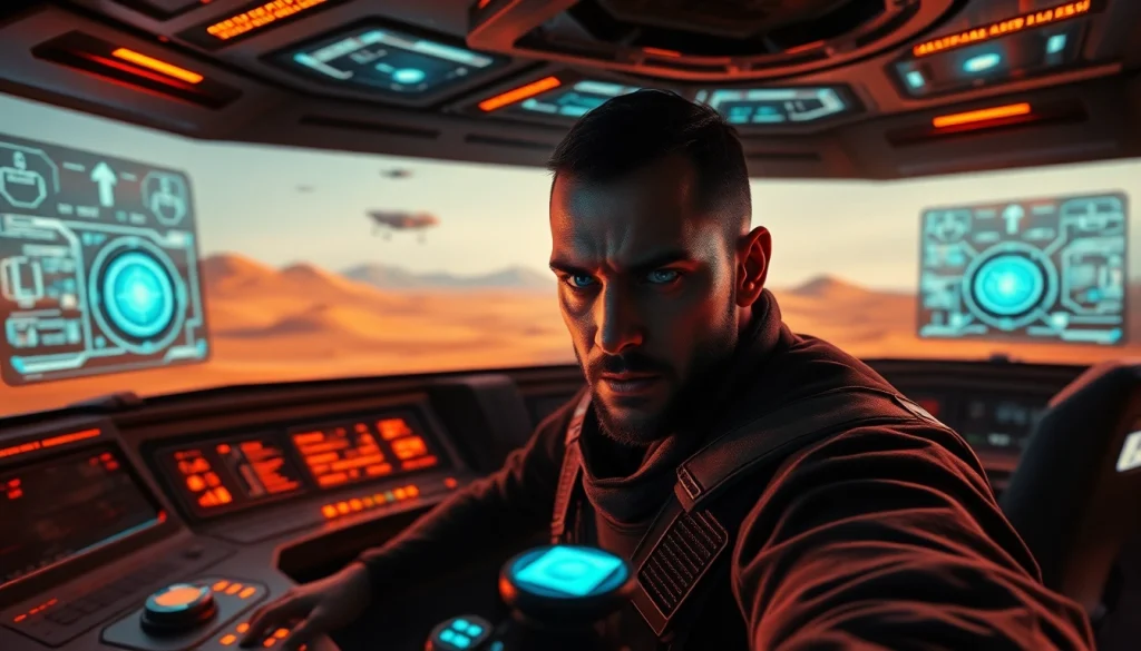 Command center scene from the dune 2 game with a strategic commander in an alien landscape.