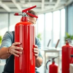 Fire extinguisher servicing Cannock with a professional technician maintaining a fire extinguisher in an office setting.