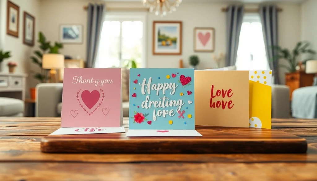 Browse next day delivery cards UK featuring vibrant designs on a wooden table in a cozy setting.
