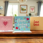 Browse next day delivery cards UK featuring vibrant designs on a wooden table in a cozy setting.