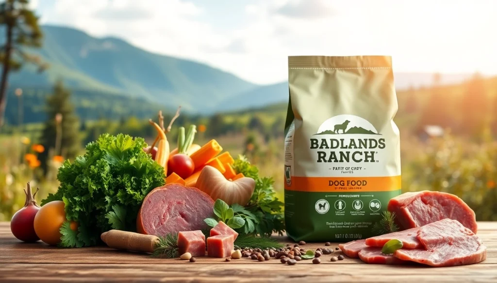 Showcasing badlands ranch dog food package with fresh ingredients setting a healthy pet food scene.