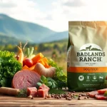 Showcasing badlands ranch dog food package with fresh ingredients setting a healthy pet food scene.