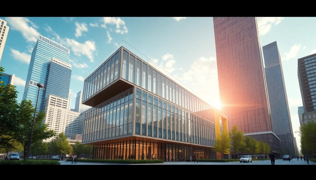 3d visualisierung eines architektonischen Designs mit modernen urbanen Elementen und realistischen Texturen.