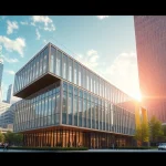 3d visualisierung eines architektonischen Designs mit modernen urbanen Elementen und realistischen Texturen.
