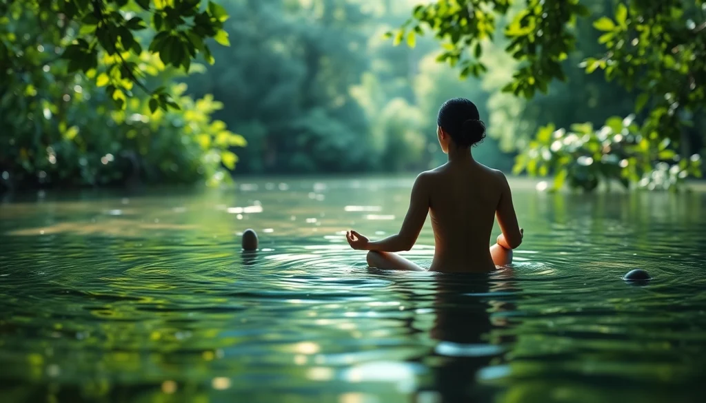 Healing trauma through meditation in a tranquil natural setting, evoking recovery and peace.