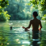 Healing trauma through meditation in a tranquil natural setting, evoking recovery and peace.