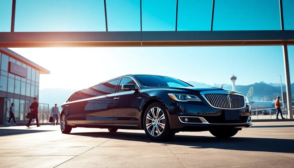 Limo service Vancouver Airport featured as a luxurious black limousine arrives at the airport terminal.