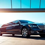 Limo service Vancouver Airport featured as a luxurious black limousine arrives at the airport terminal.