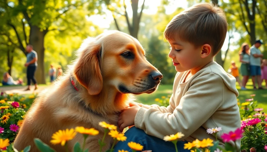 Autism service dogs provide comfort and support to children in a vibrant park, promoting joy and companionship.