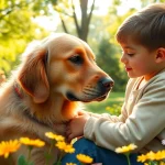 Autism service dogs provide comfort and support to children in a vibrant park, promoting joy and companionship.