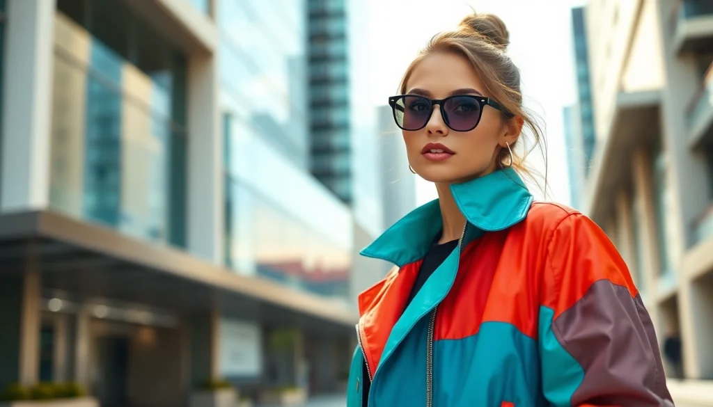 Woman showcasing vibrant jacket womens against a modern urban backdrop.