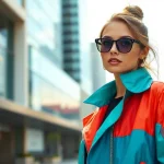 Woman showcasing vibrant jacket womens against a modern urban backdrop.