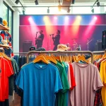 Stylish bandwear displayed in a boutique, showcasing unique merchandise and vibrant designs.