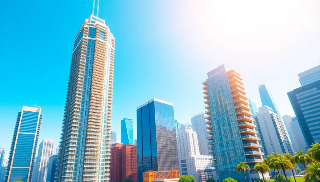 Design a vibrant sim tower illustrating a skyscraper with varied facilities in a bustling cityscape.
