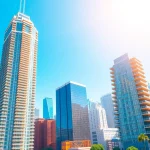 Design a vibrant sim tower illustrating a skyscraper with varied facilities in a bustling cityscape.
