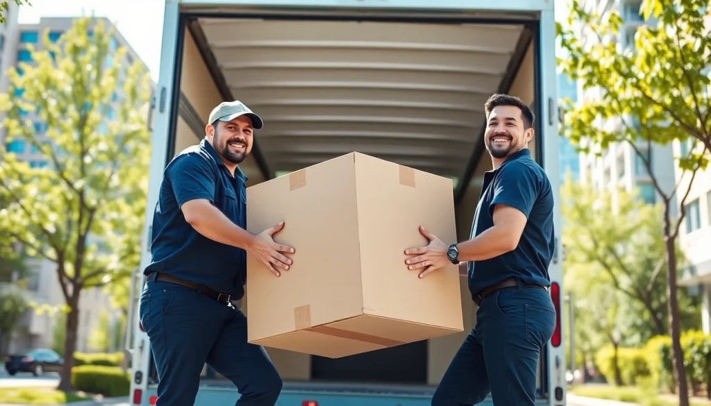 Movers calgary team efficiently loading a box into a truck in a sunny urban area.