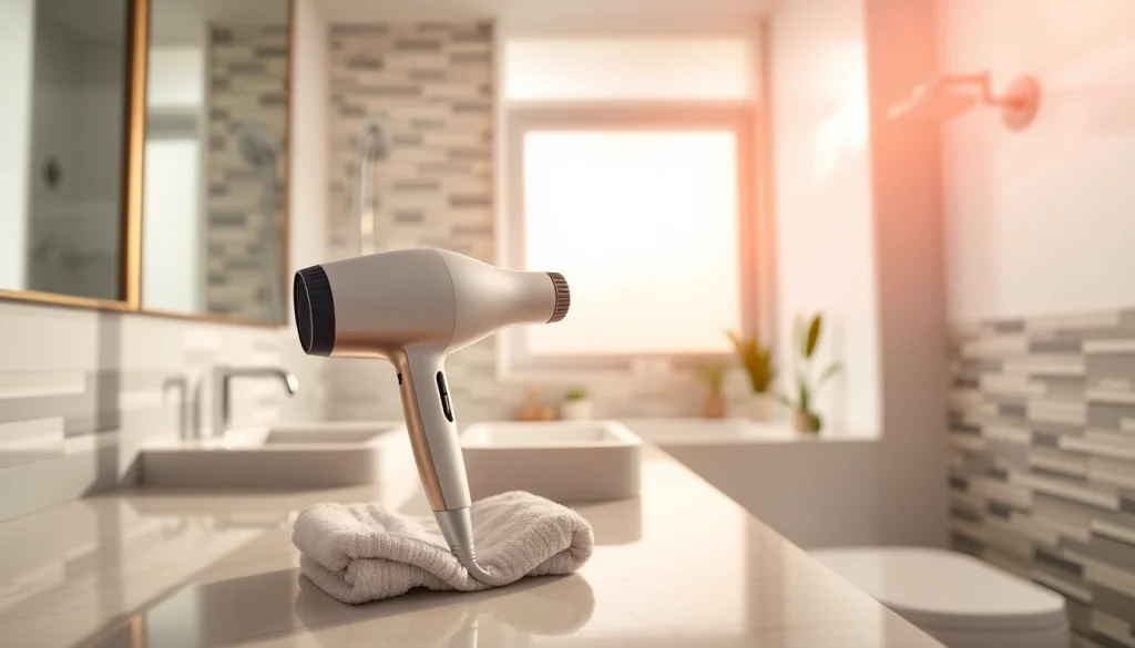 Lightweight hair dryer on a sleek countertop in a modern bathroom, showcasing its stylish design and features.