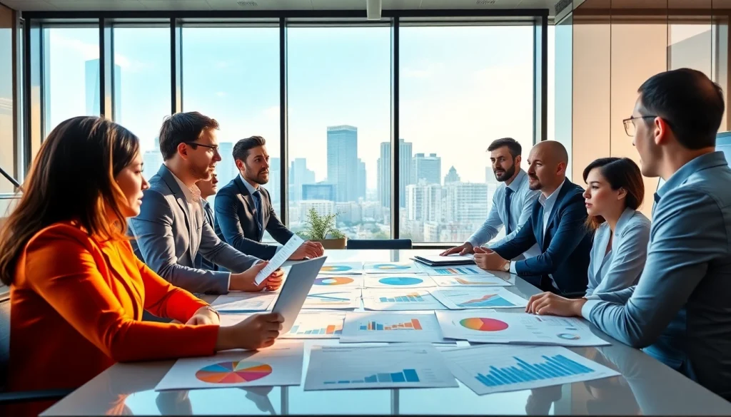 Sales team collaborating on competitive intelligence for sales strategies in a modern office.