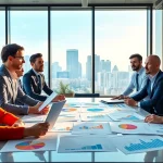 Sales team collaborating on competitive intelligence for sales strategies in a modern office.
