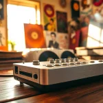 Play music seamlessly with https://hardwareplayer.com's portable player on a wooden table.