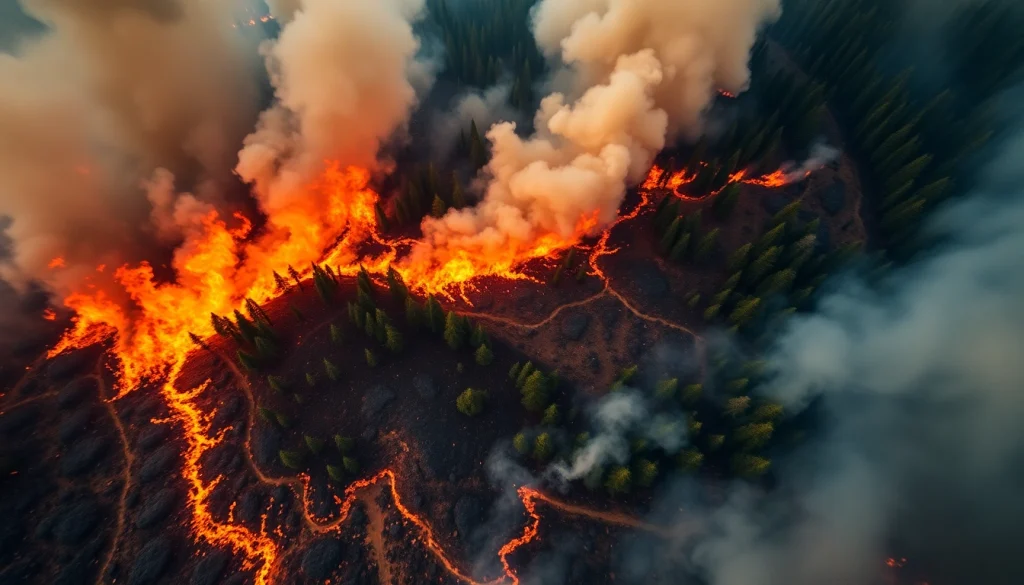 Dynamic scene of wildfire events showcasing flames and smoke in a forest setting.