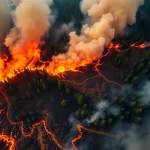 Dynamic scene of wildfire events showcasing flames and smoke in a forest setting.