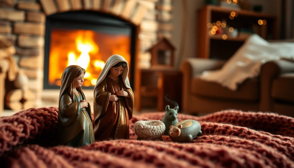 Admire the exquisite nativity sets in a cozy setting, showcasing warmth and tradition.