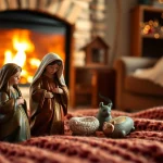 Admire the exquisite nativity sets in a cozy setting, showcasing warmth and tradition.