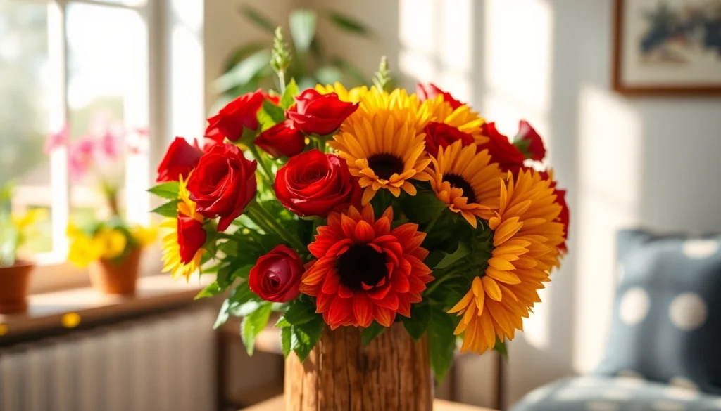 Flower Delivery Diamond Creek bouquet of red roses and sunflowers in a rustic setting.