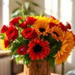 Flower Delivery Diamond Creek bouquet of red roses and sunflowers in a rustic setting.