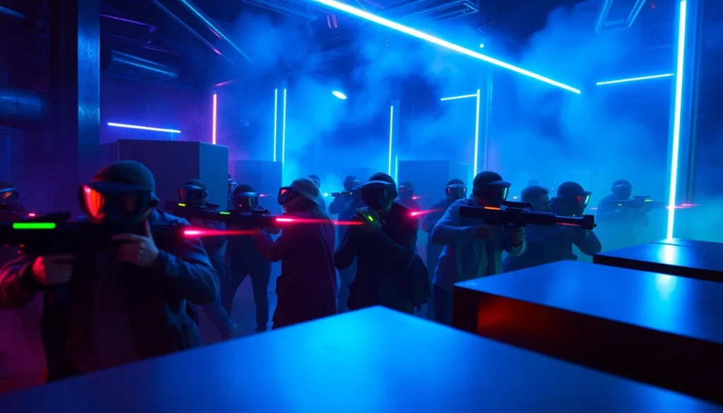 Players engaging in thrilling laser tag battles in an exciting neon-lit arena.