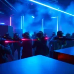 Players engaging in thrilling laser tag battles in an exciting neon-lit arena.