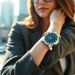 Damen Armbanduhr am Handgelenk einer eleganten Frau in einer urbanen Umgebung.