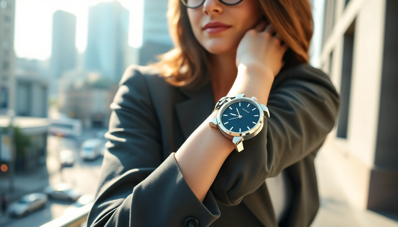 Damen Armbanduhr am Handgelenk einer eleganten Frau in einer urbanen Umgebung.