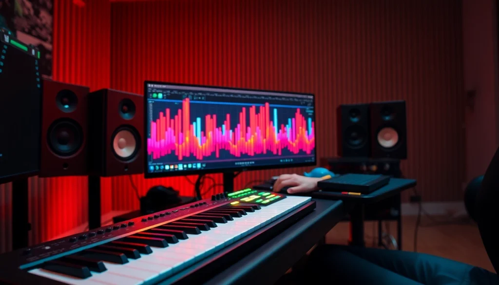 Crafting music using Bass house presets with vibrant visualizations on a production setup.