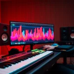 Crafting music using Bass house presets with vibrant visualizations on a production setup.