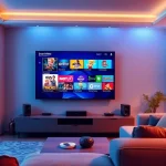 Comprar IPTV con un moderno televisor inteligente en una sala de estar acogedora.