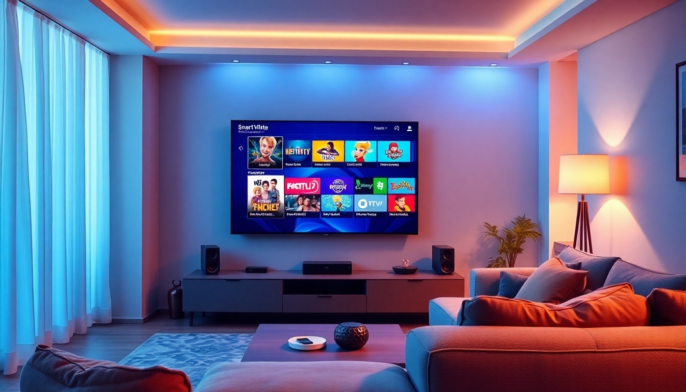 Comprar IPTV con un moderno televisor inteligente en una sala de estar acogedora.