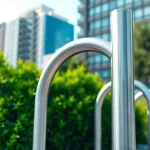 Modern bike rack showcasing sleek design in urban environment for easy bike parking.