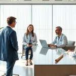Concierge care physicians engaging with patients in a modern medical office.