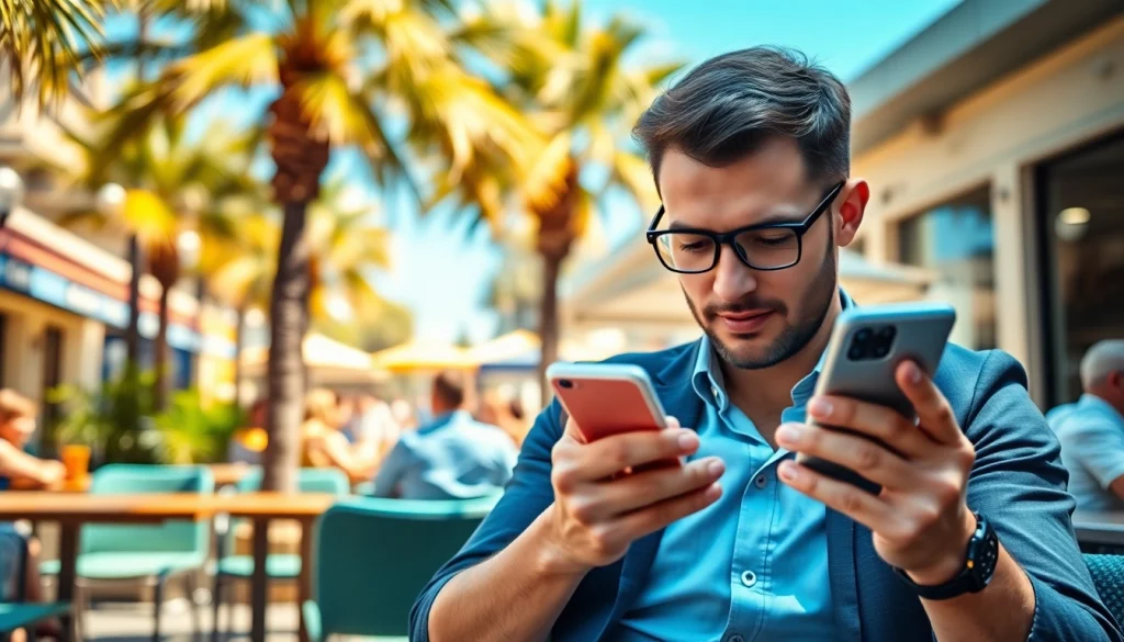 Experience the convenience of esim Australia with a traveler using a smartphone in a lively café setting.