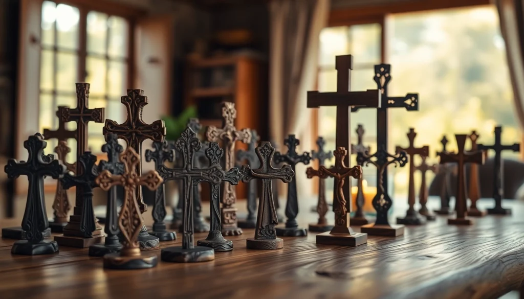 Exquisite collection of handmade crosses beautifully arranged on artisan table