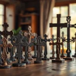 Exquisite collection of handmade crosses beautifully arranged on artisan table