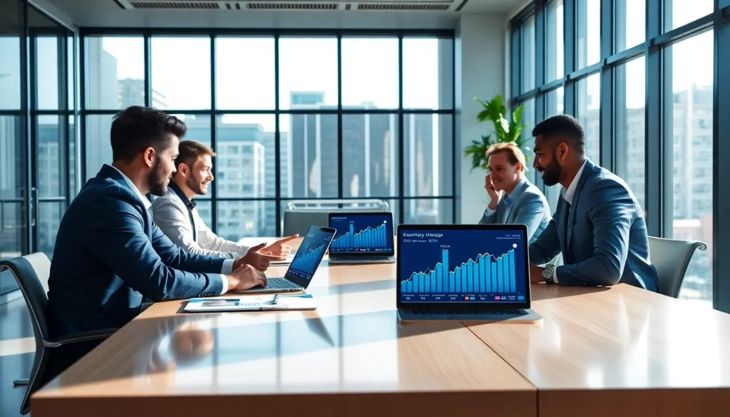 Mengoptimalkan strategi digital marketing dax69 dengan tim yang berdiskusi di kantor modern.