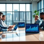 Mengoptimalkan strategi digital marketing dax69 dengan tim yang berdiskusi di kantor modern.