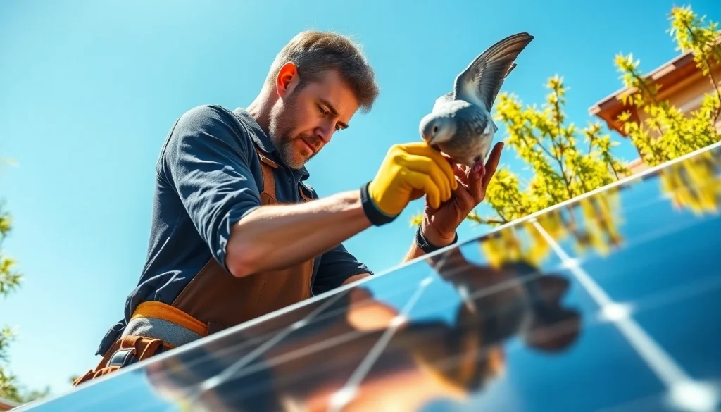 Pigeon proofing solar panels Phoenix technician securing panels in bright Phoenix sunlight.
