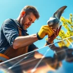 Pigeon proofing solar panels Phoenix technician securing panels in bright Phoenix sunlight.