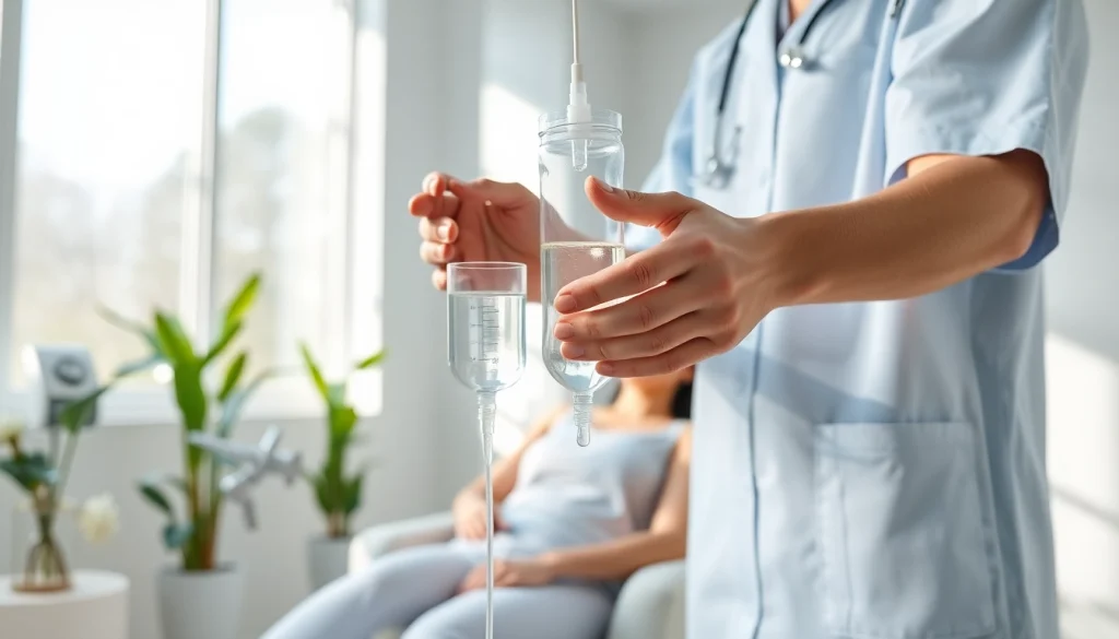 Administering Vitamin Drips in a serene medical setting with calming colors and natural light.