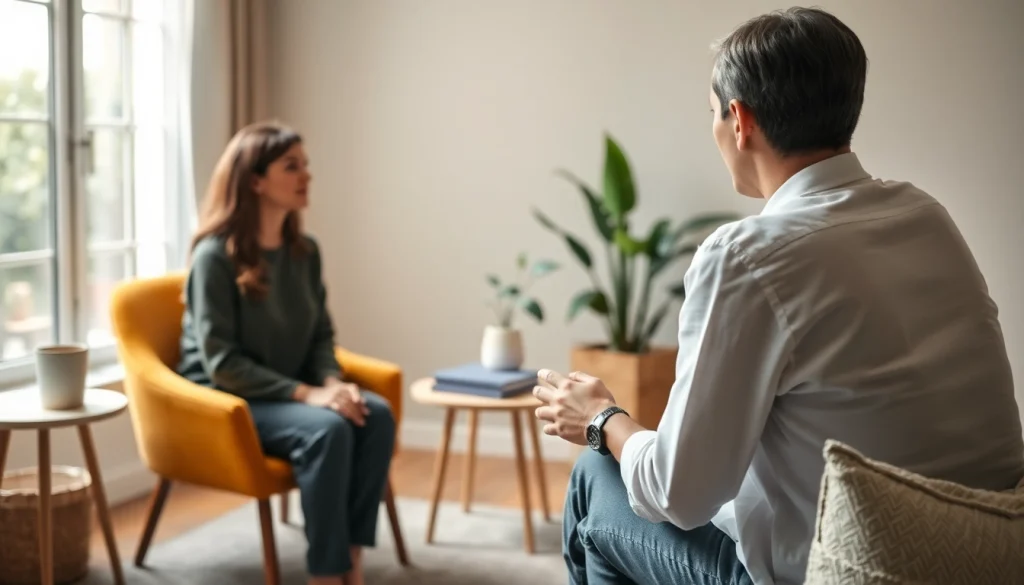 Engaged attachment theory specialist working with a client in a calming therapy room.