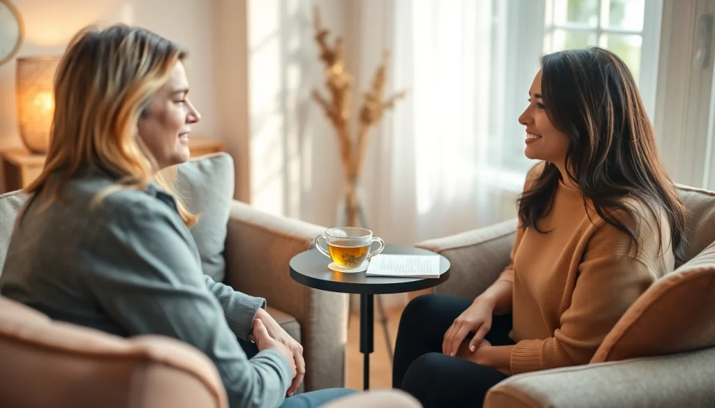 Engaging counselling session showcasing a therapist and client in a calming setting.